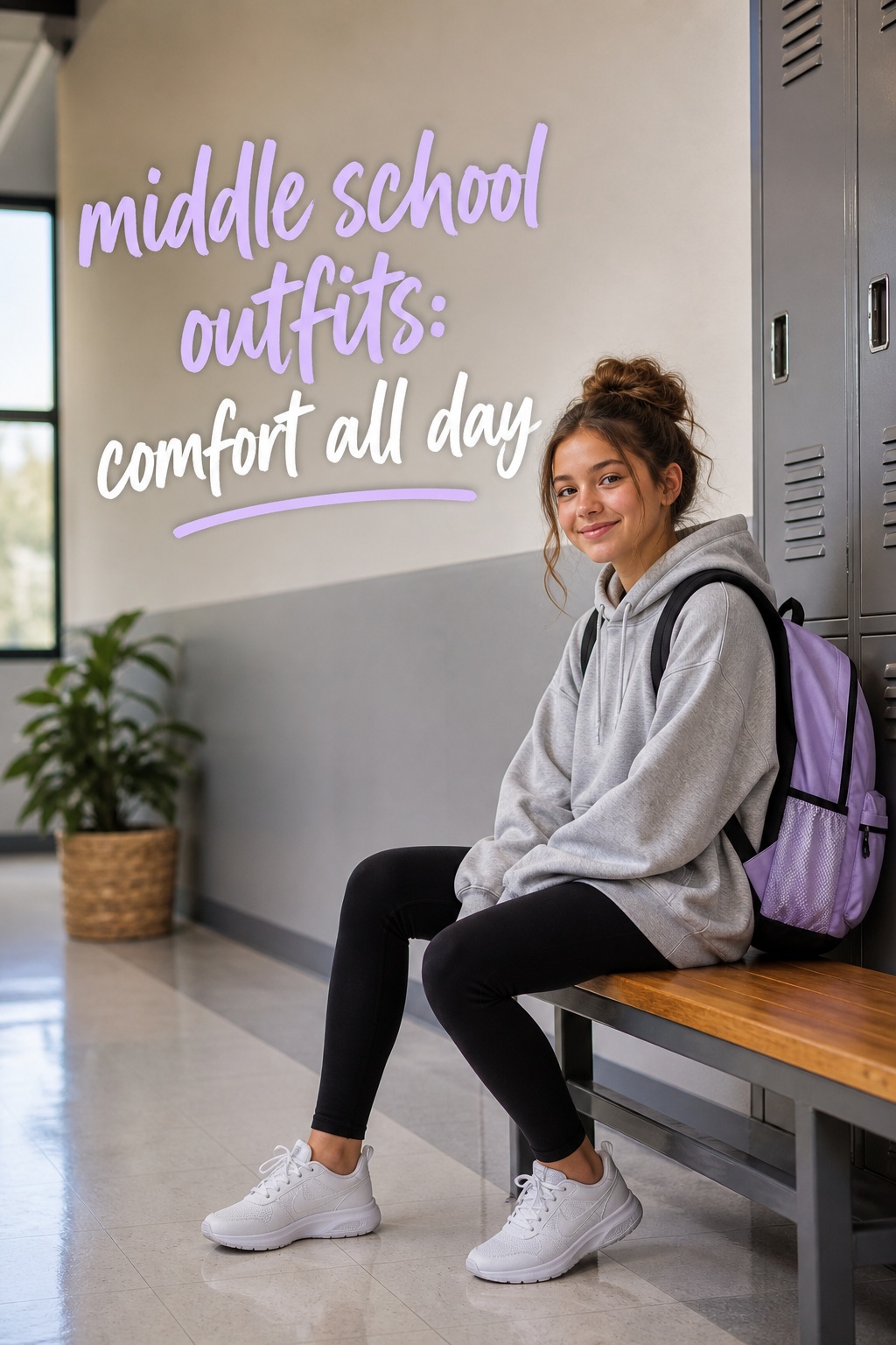 Middle school outfits with oversized gray hoodie, black leggings, and sneakers