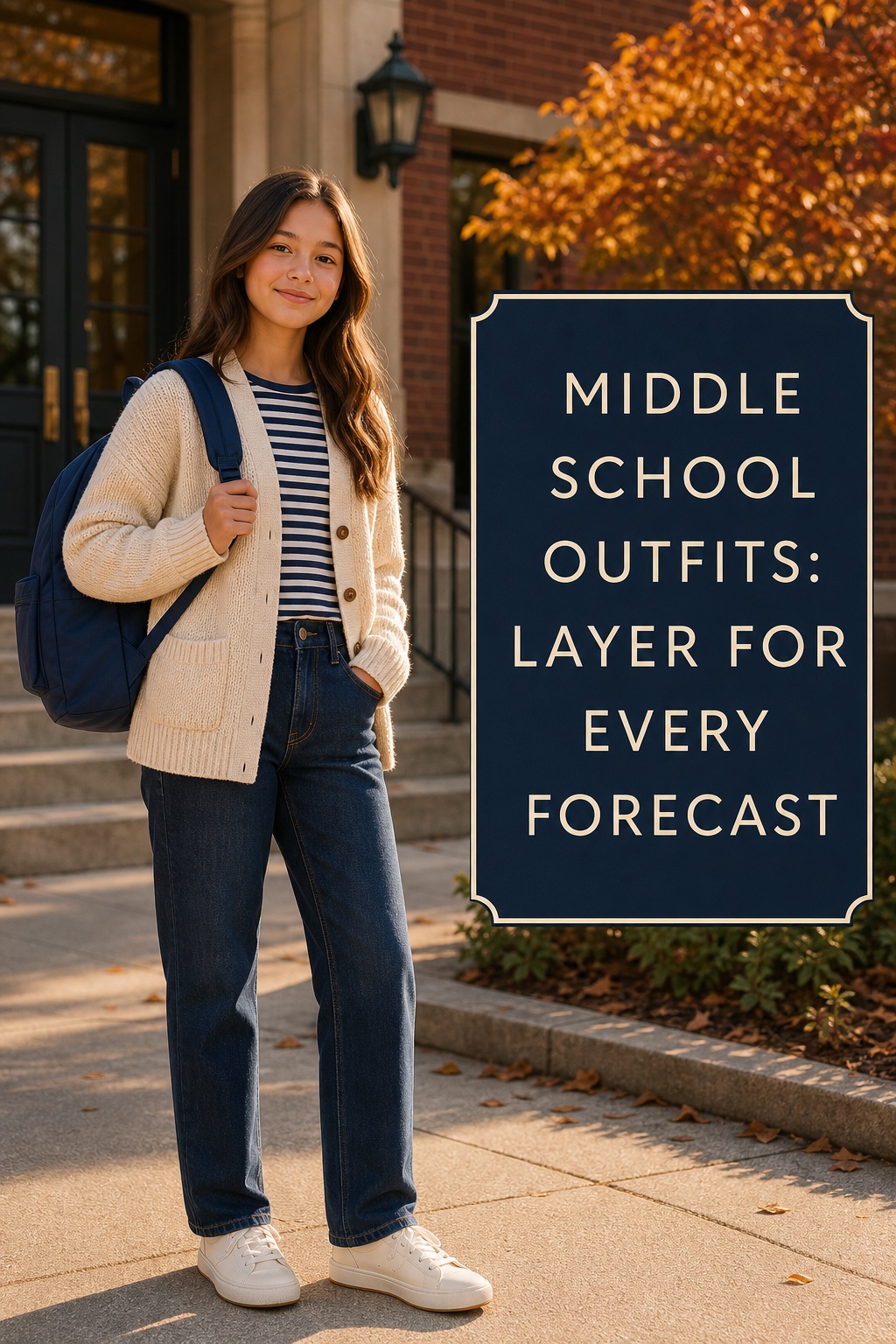 Middle school outfits with cardigan, striped tee, dark jeans, and sneakers