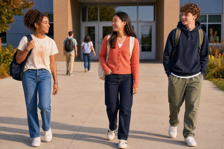 Middle school outfits in graphic tee, cardigan, and hoodie combinations