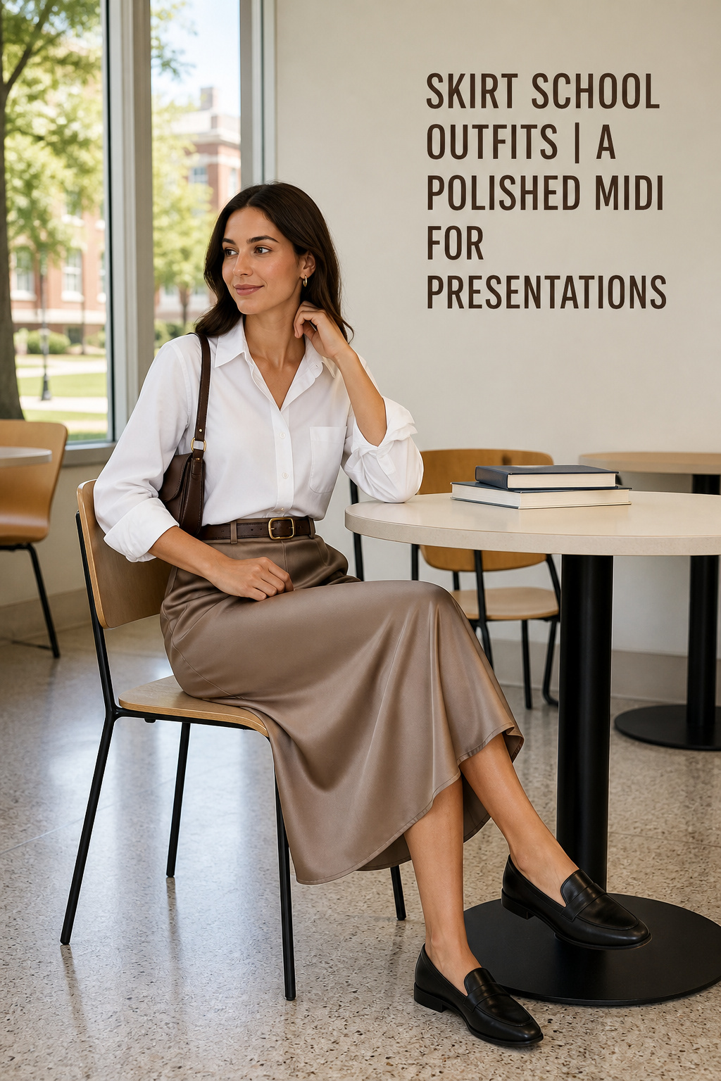 skirt school outfits with a taupe midi skirt and white button-down