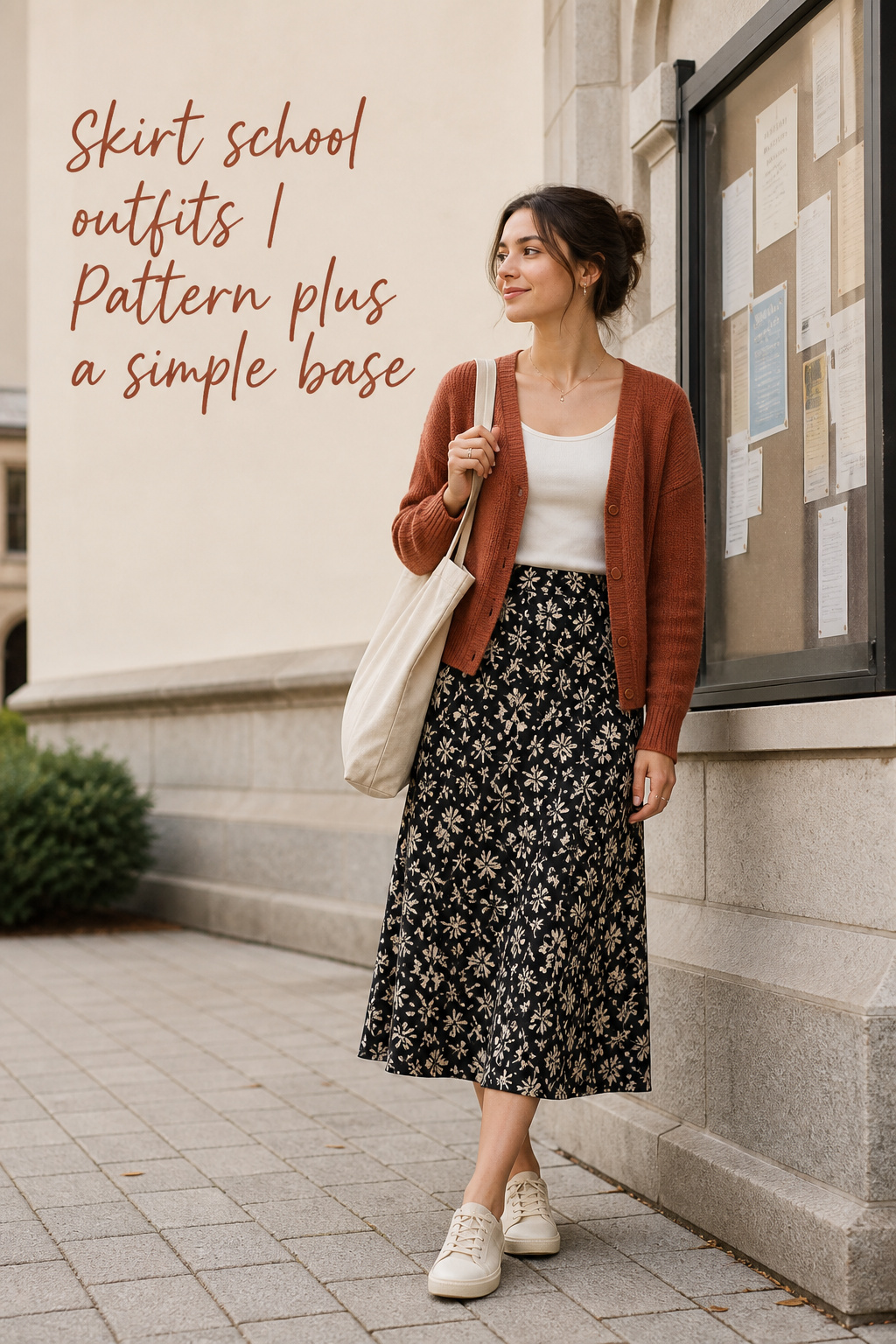 skirt school outfits with a patterned midi skirt and rust cardigan