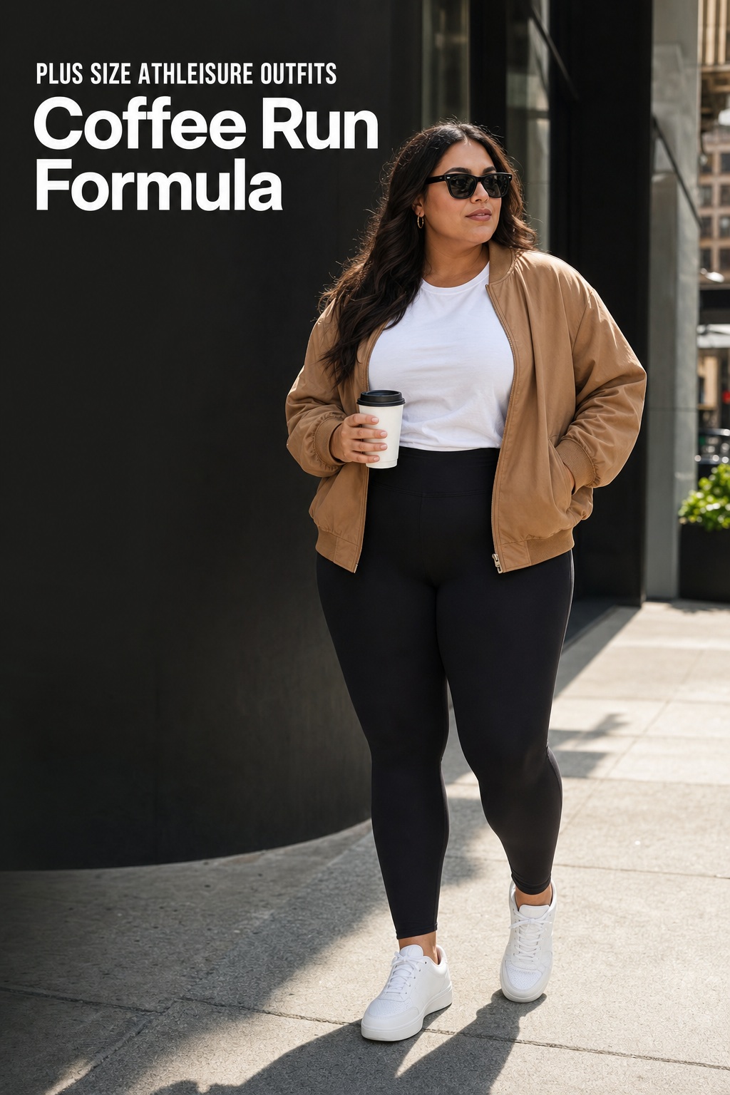 Plus size athleisure outfits with black leggings, white tee and camel bomber jacket