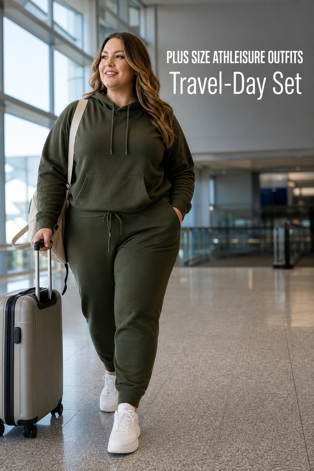 Plus size athleisure outfits with an olive jogger set and white sneakers for travel