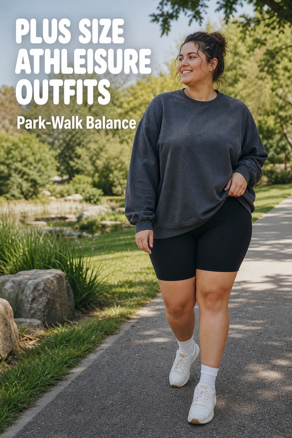 Plus size athleisure outfits with biker shorts and oversized charcoal sweatshirt for a park walk