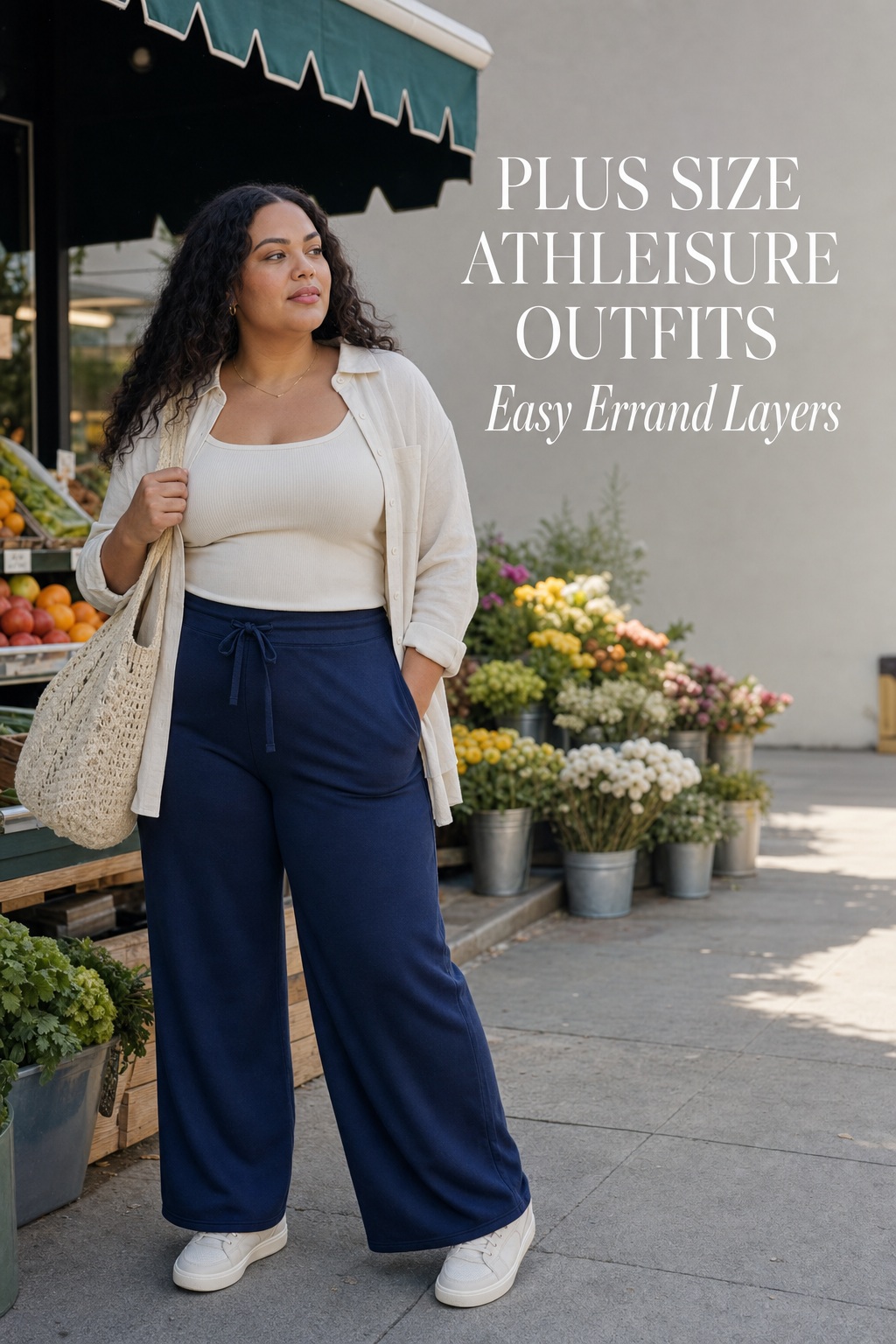 Plus size athleisure outfits with navy wide-leg pants and a cream overshirt for errands