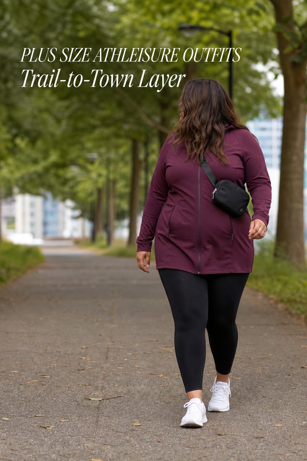 Plus size athleisure outfits with black leggings and a plum zip jacket on an urban trail