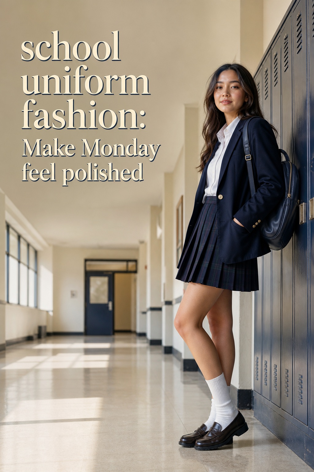 school uniform fashion with navy blazer, pleated skirt, loafers, and backpack in a school hallway