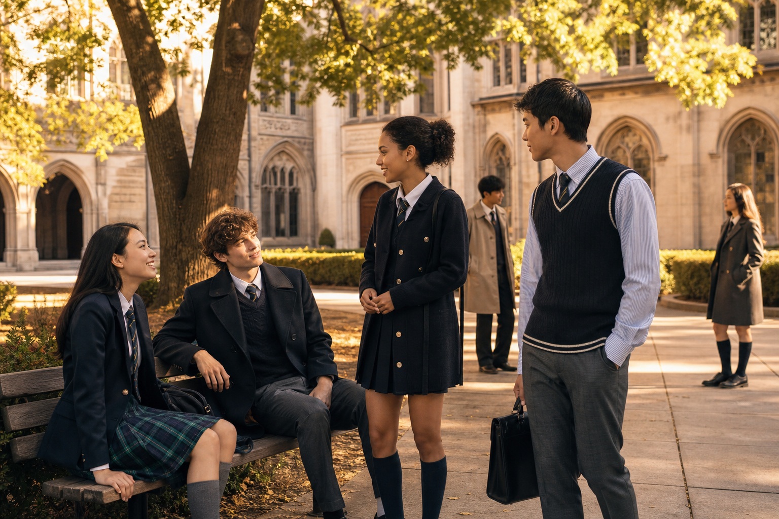 school uniform fashion group in polished blazers, pleated skirt, sweater vest, trousers, and coats