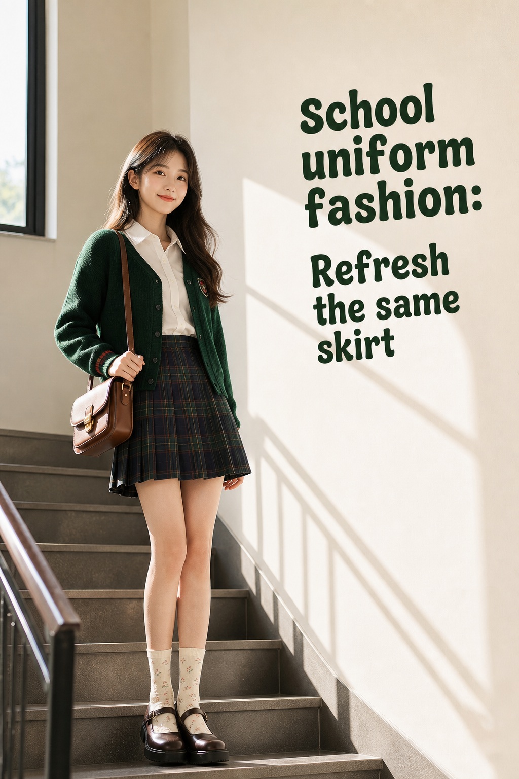 school uniform fashion with green cardigan, pleated skirt, floral socks, Mary Janes, and shoulder bag