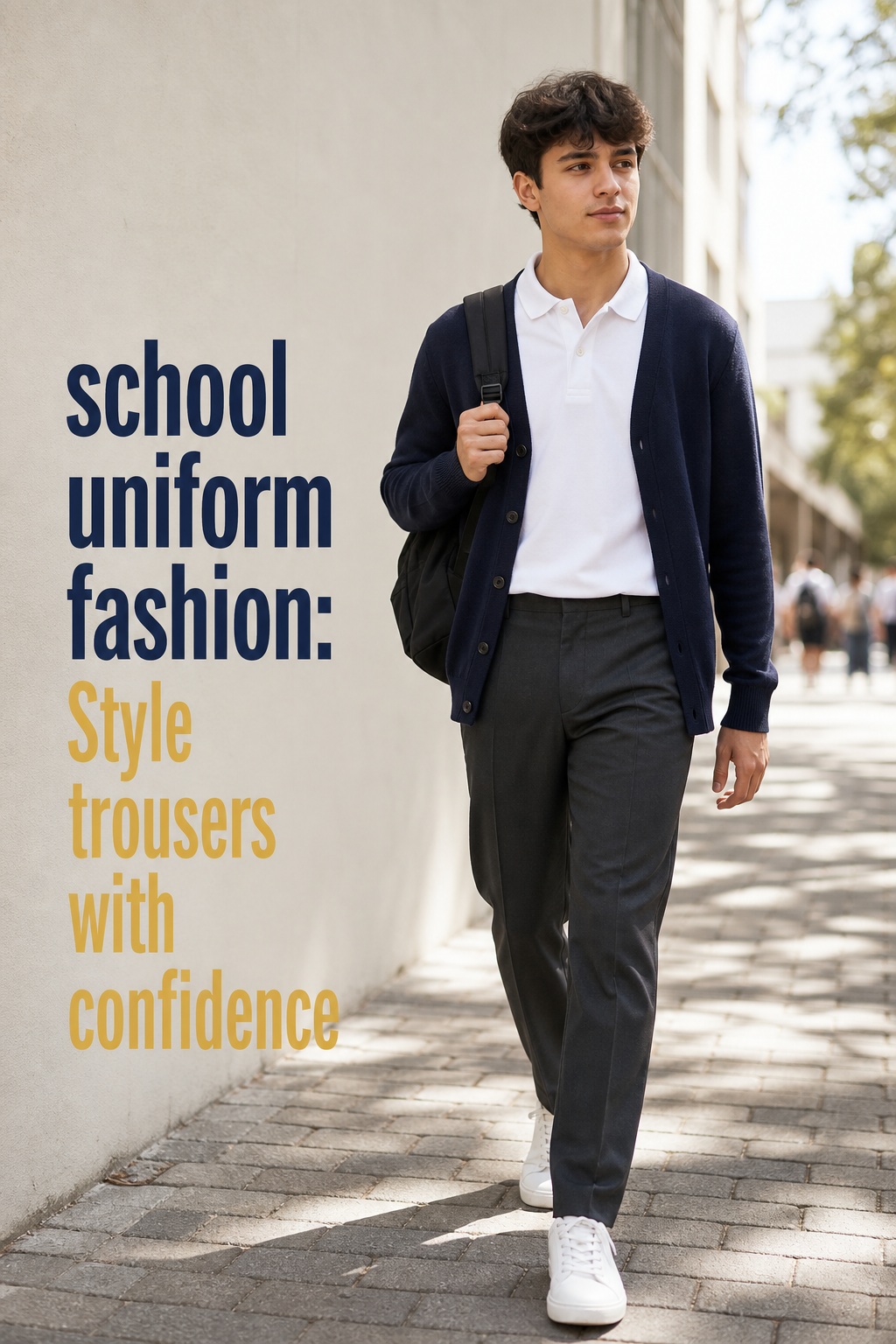 school uniform fashion with charcoal trousers, white polo, navy cardigan, sneakers, and backpack outdoors