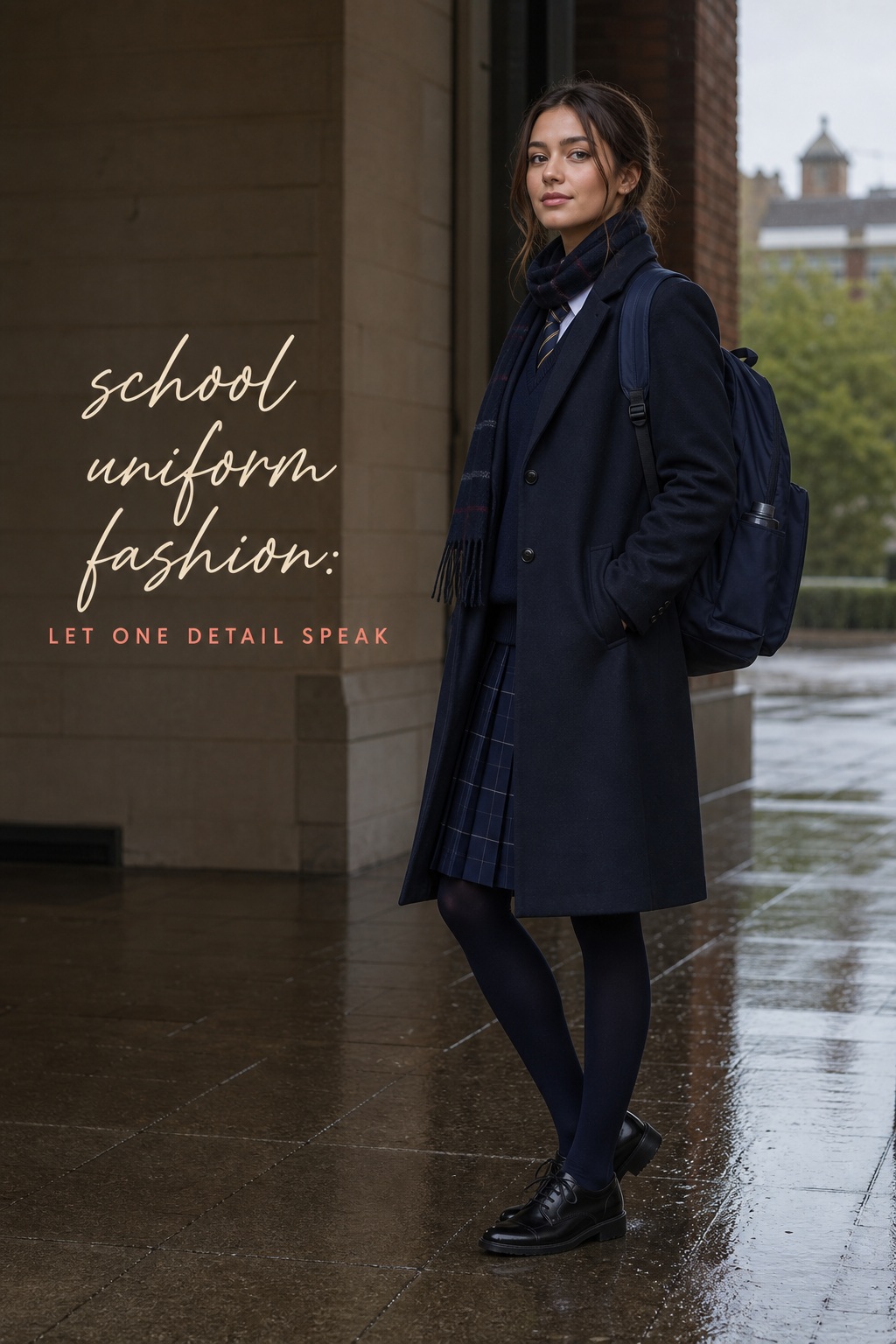 school uniform fashion with navy coat, scarf, pleated skirt, tights, lace-up shoes, and backpack in rain