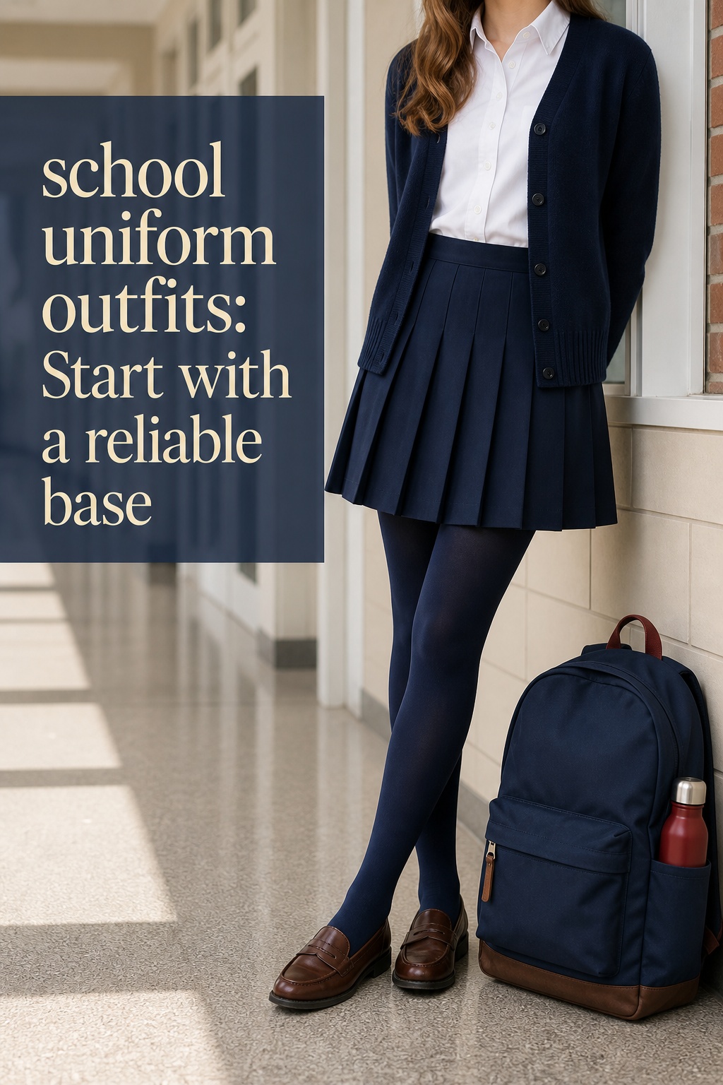 school uniform outfits with a crisp shirt, navy skirt, cardigan, loafers, and backpack