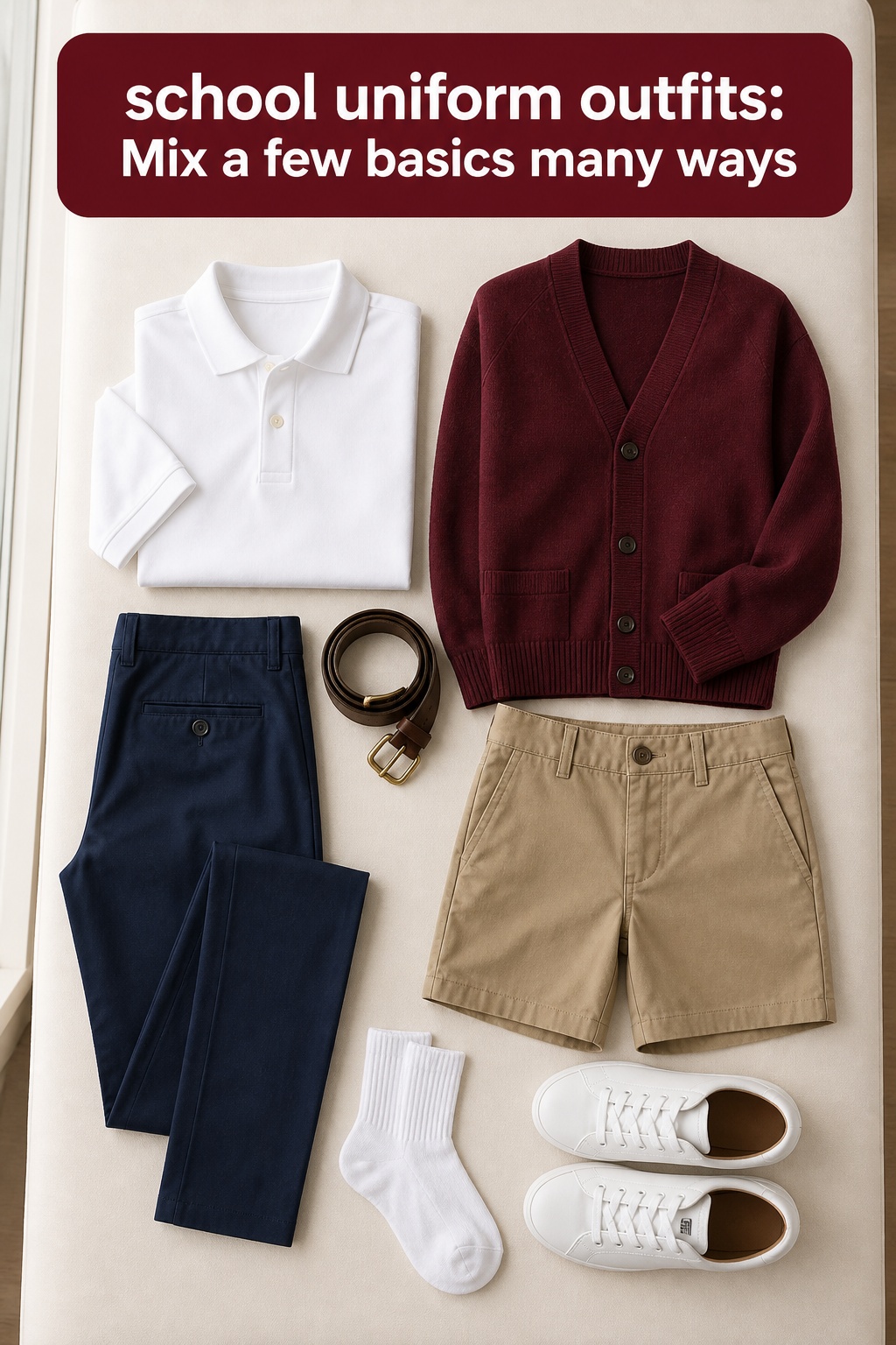 school uniform outfits capsule with polo, trousers, shorts, cardigan, belt, and sneakers