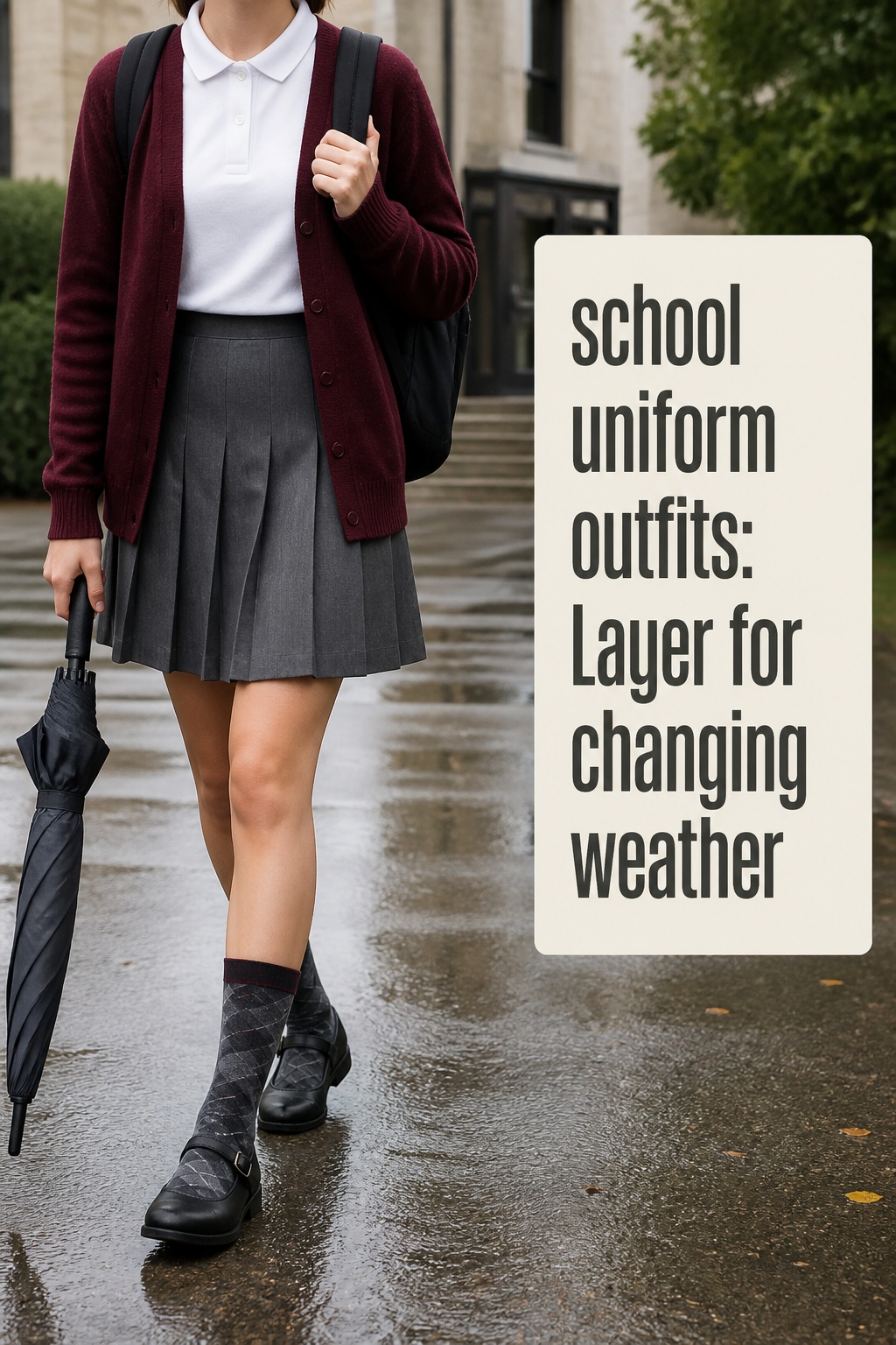 school uniform outfits layered for rain with polo, cardigan, pleated skirt, socks, and umbrella
