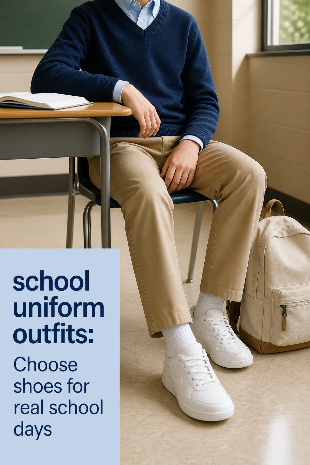 school uniform outfits with navy sweater, khaki trousers, white sneakers, and classroom backpack