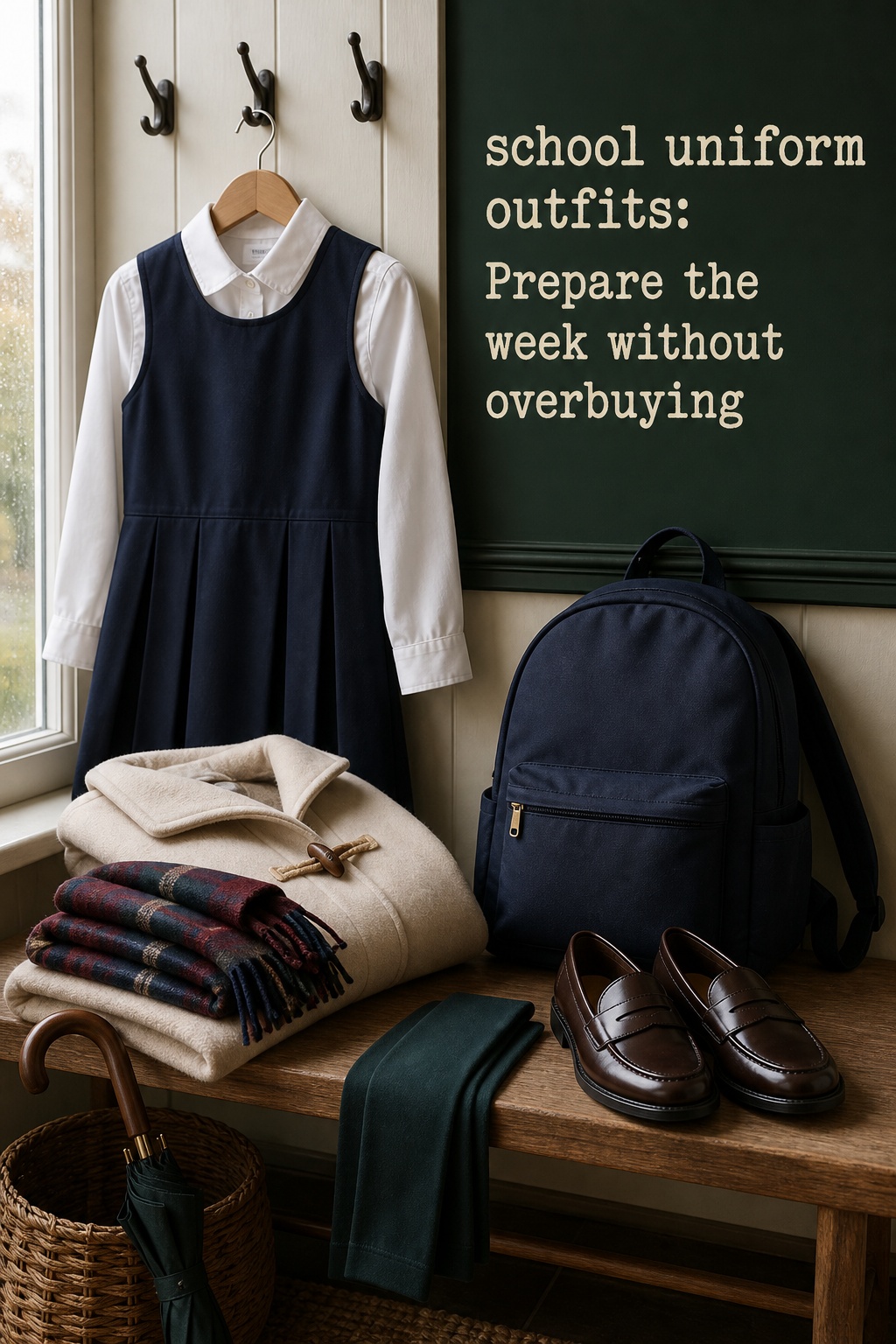 school uniform outfits prepared for a week with jumper dress, coat, scarf, loafers, and backpack
