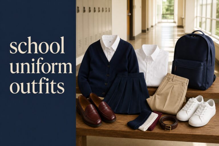 school uniform outfits capsule with shirts, cardigan, skirt, trousers, loafers, sneakers, and backpack