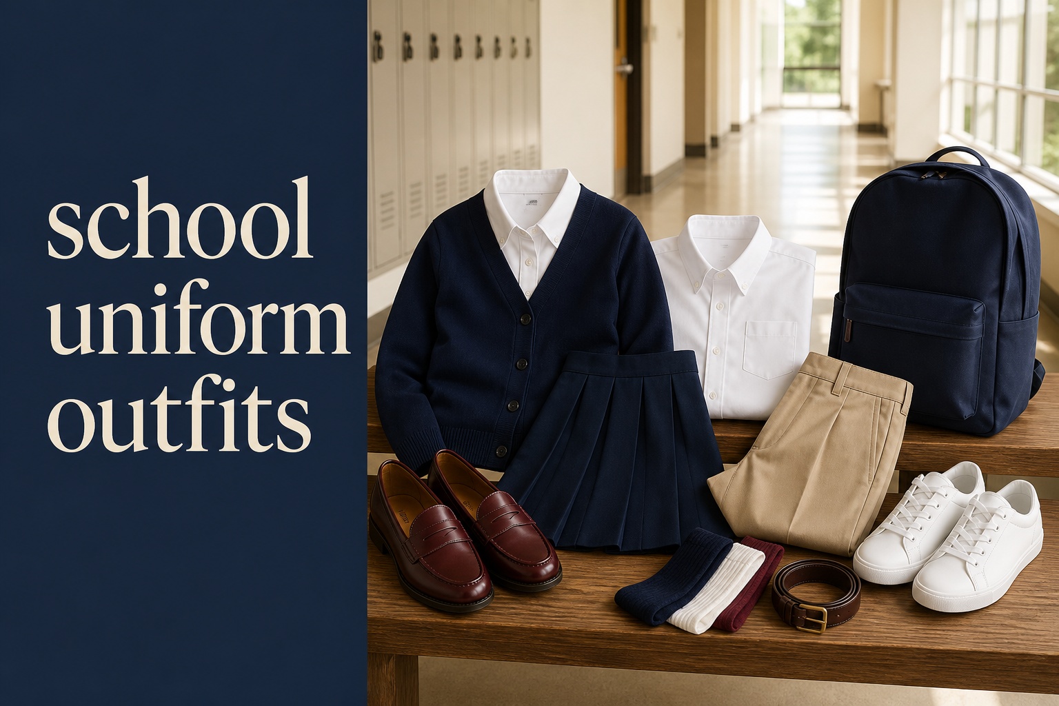school uniform outfits capsule with shirts, cardigan, skirt, trousers, loafers, sneakers, and backpack