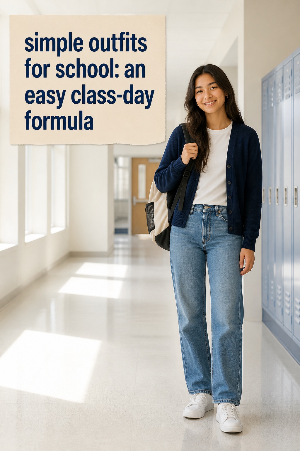 simple outfits for school with jeans, white tee, cardigan, sneakers, and backpack
