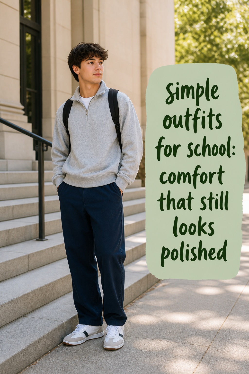 simple outfits for school with a quarter zip, relaxed trousers, sneakers, and backpack