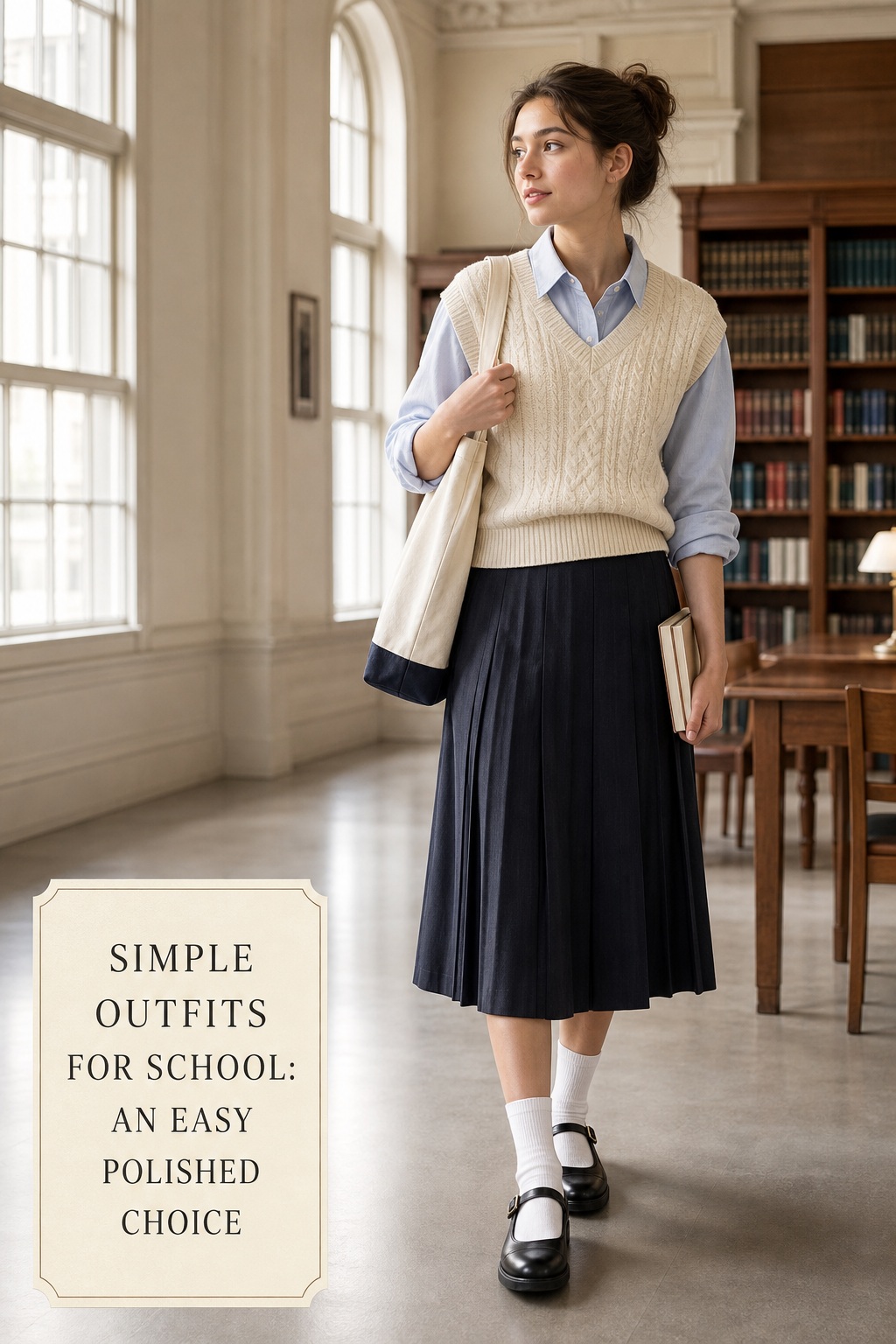 simple outfits for school with Oxford shirt, knit vest, pleated skirt, and Mary Janes