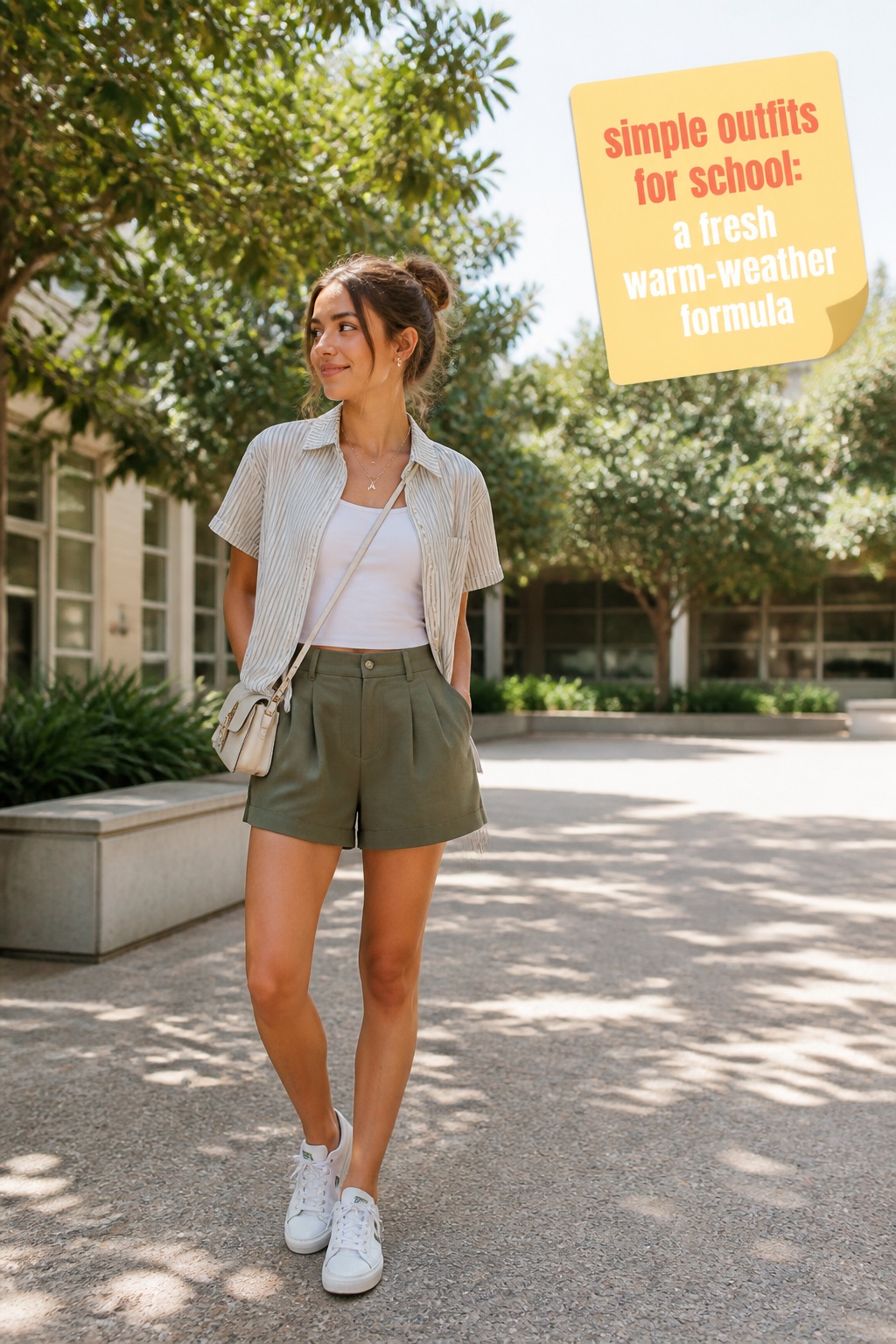 simple outfits for school with striped shirt, tailored shorts, sneakers, and crossbody bag