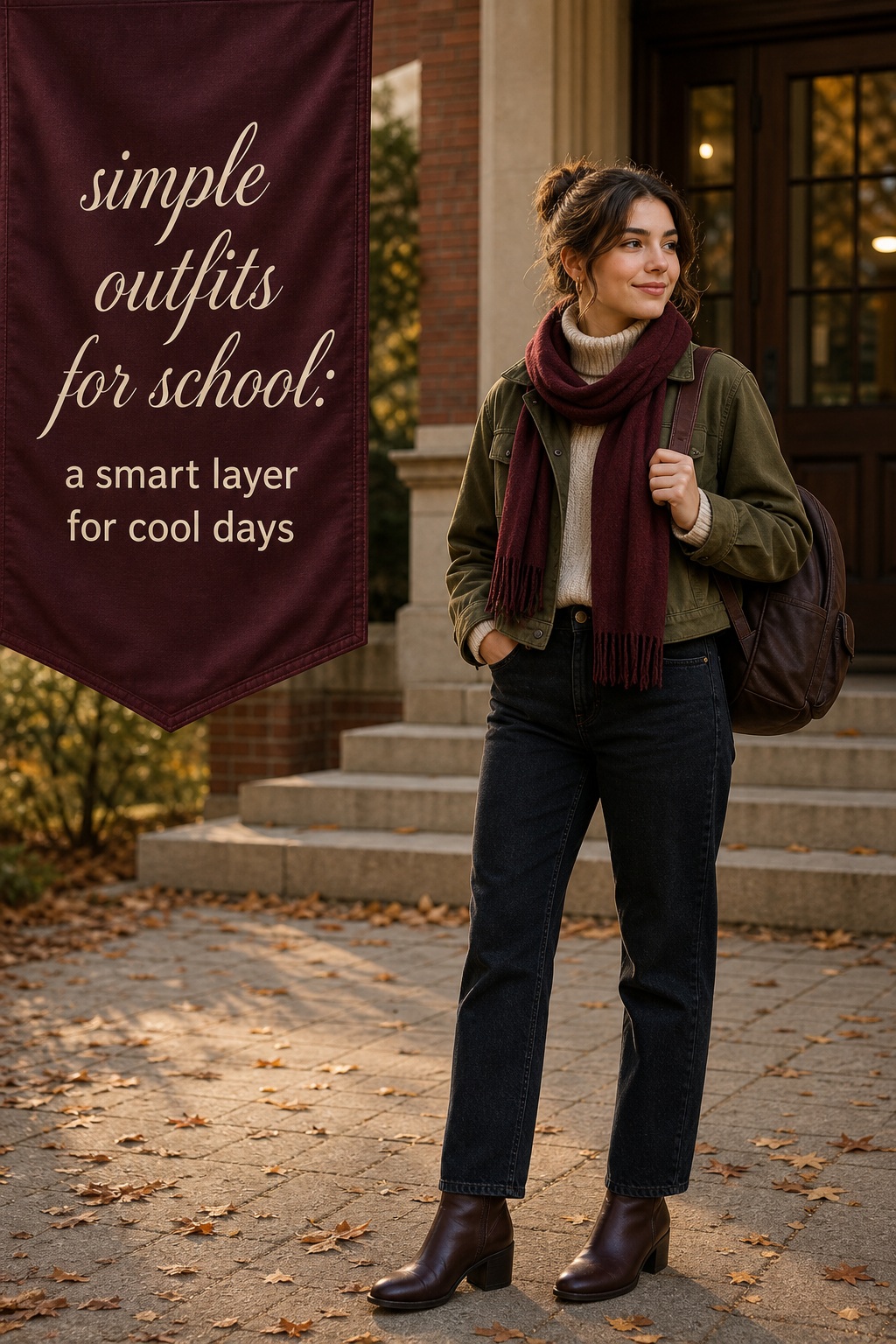 simple outfits for school with turtleneck, utility jacket, dark jeans, scarf, and boots