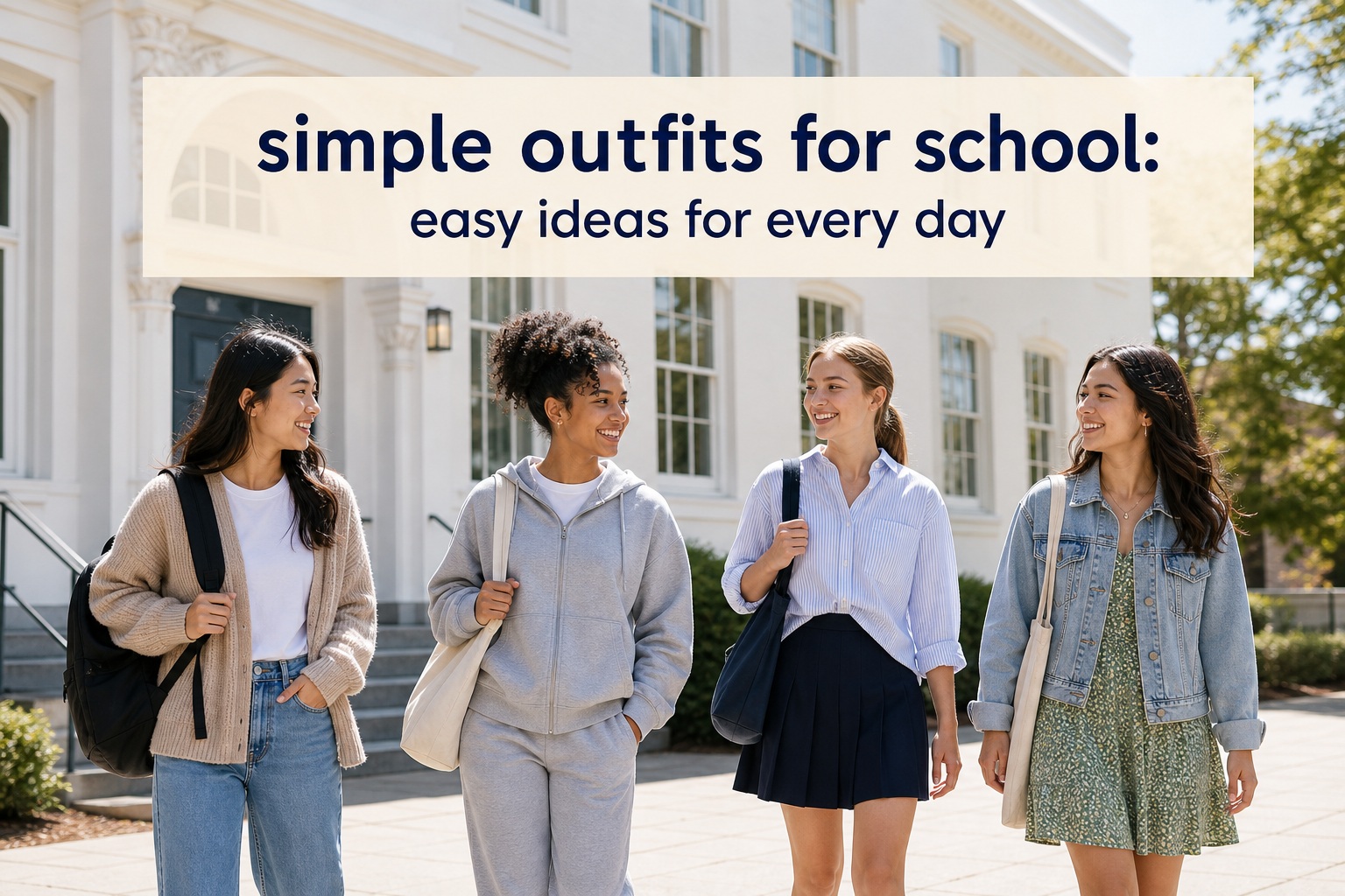 simple outfits for school with four students in jeans, layers, a skirt, and a dress