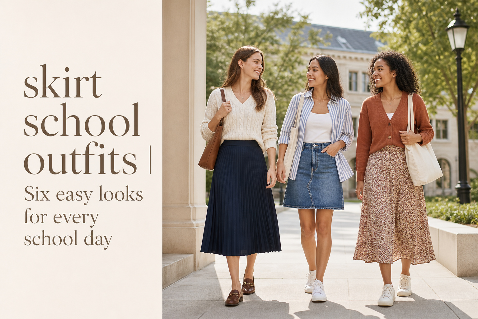 skirt school outfits with six easy school-ready looks on a bright campus