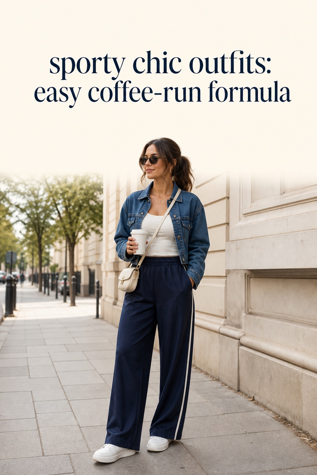 sporty chic outfits with navy track pants and denim jacket for coffee