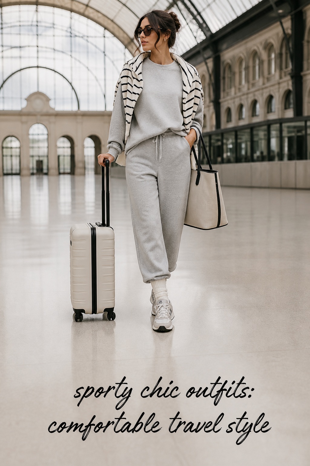 sporty chic outfits with a gray travel set, striped sweater and retro sneakers