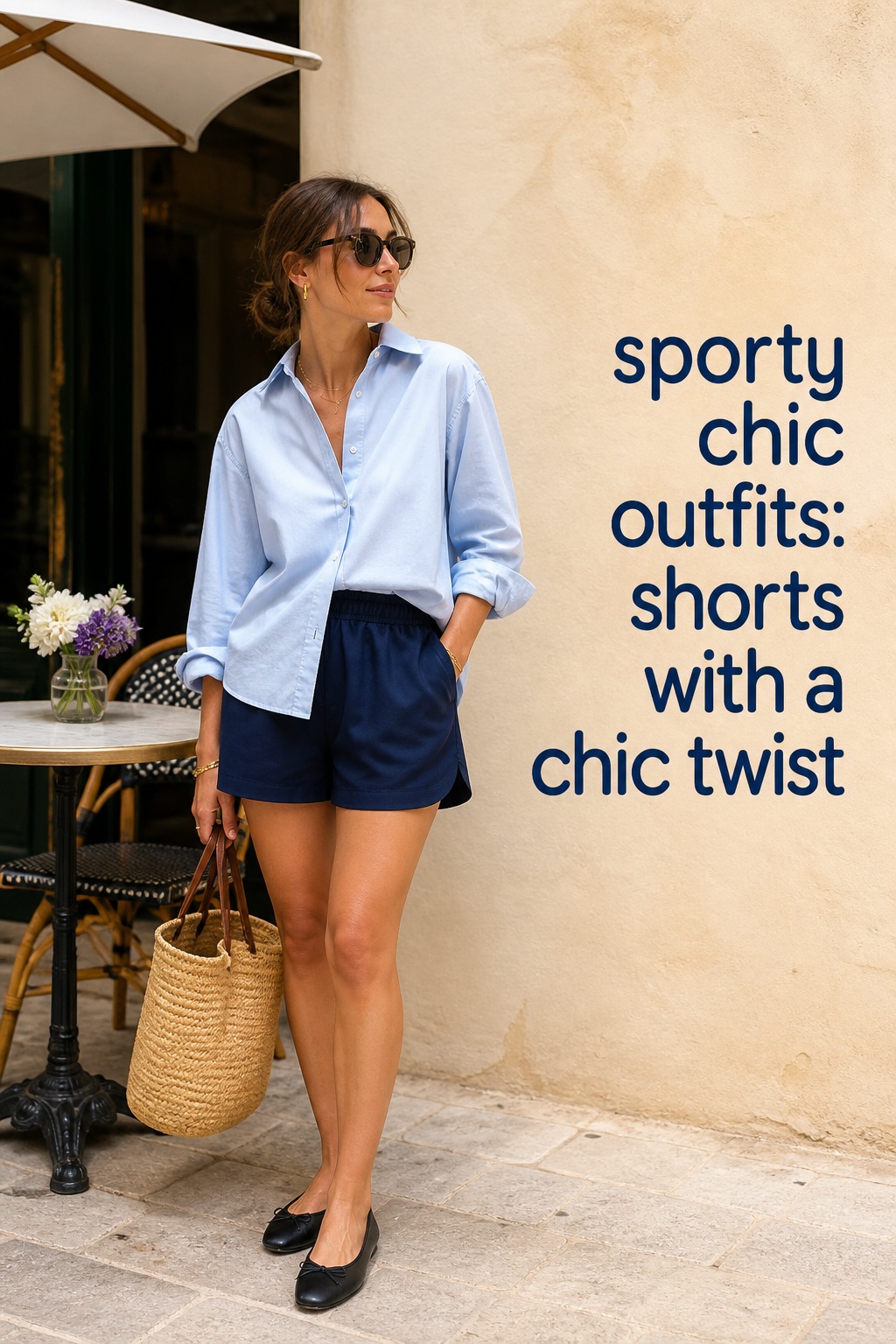 sporty chic outfits with navy athletic shorts, blue shirt and ballet flats