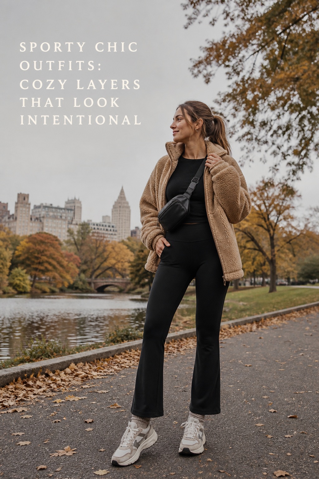 sporty chic outfits with black leggings, camel fleece and sneakers for fall