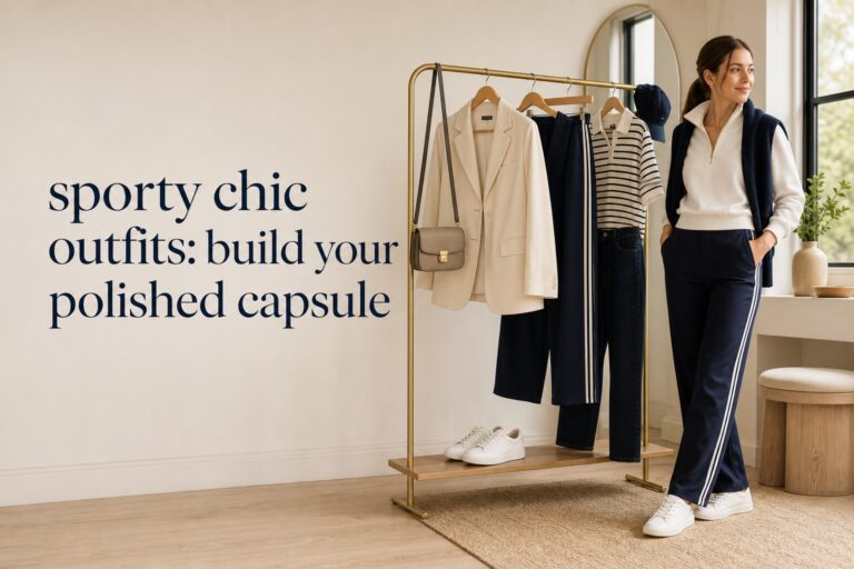 sporty chic outfits capsule with cream blazer, navy track pants and sneakers