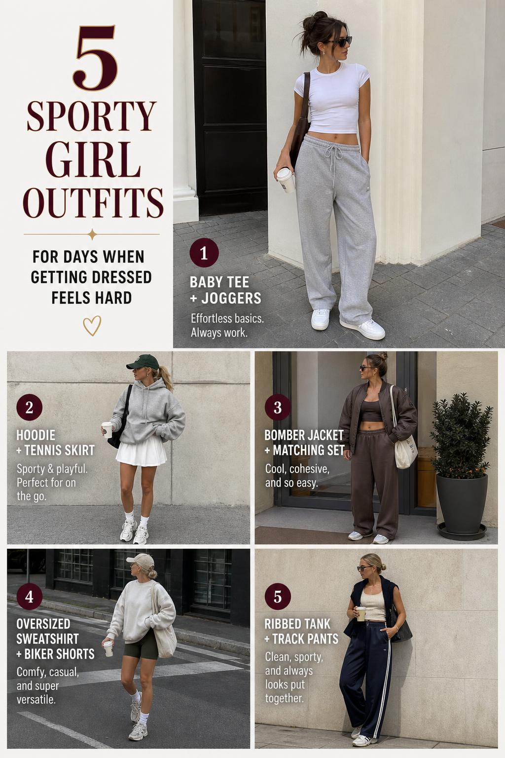 Sporty girl outfits checklist pin with 5 casual street-style looks in neutral tones, shown in real-life settings