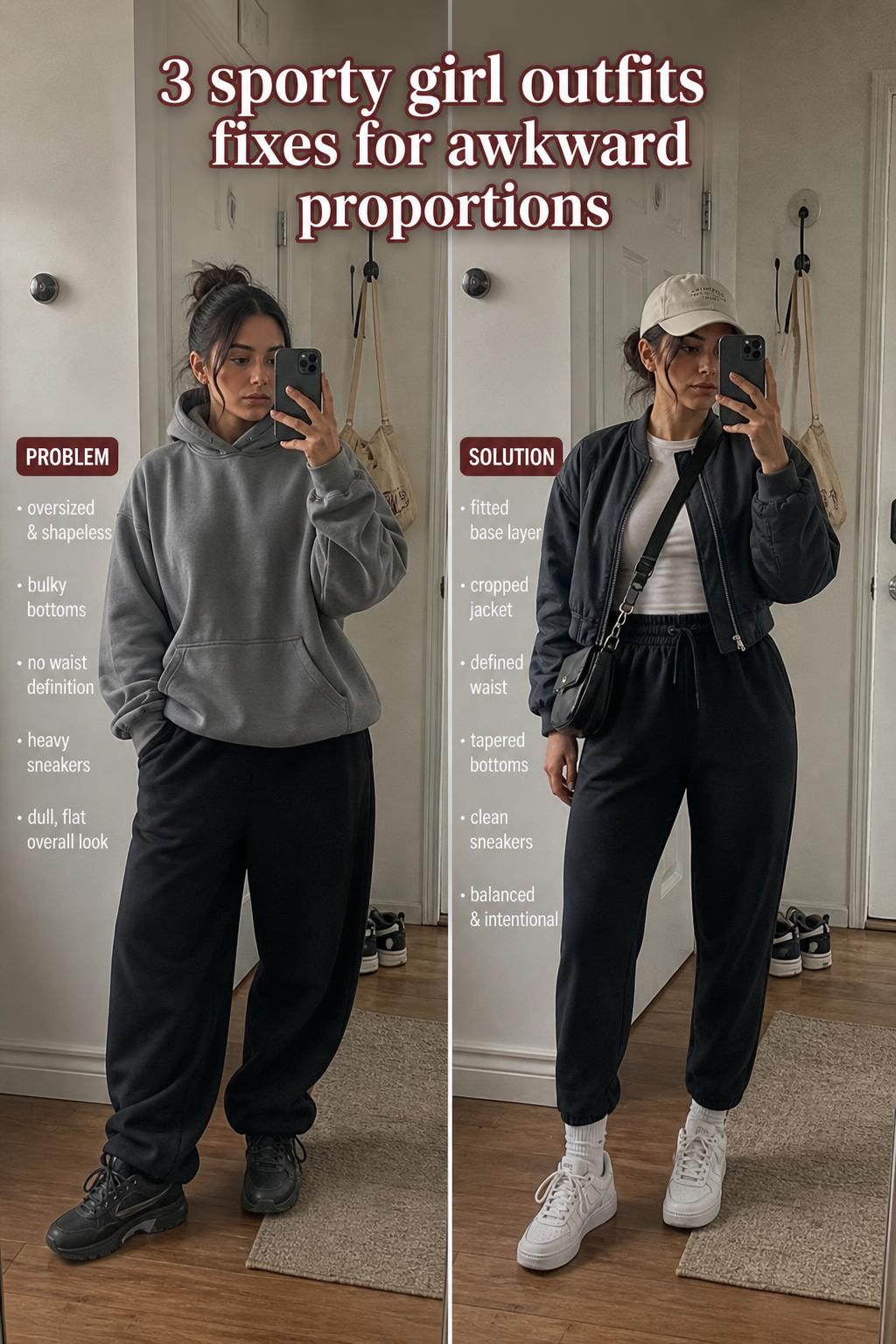 Sporty girl outfits on a stylish young woman in athleisurewear, captured in a natural street-style photo.