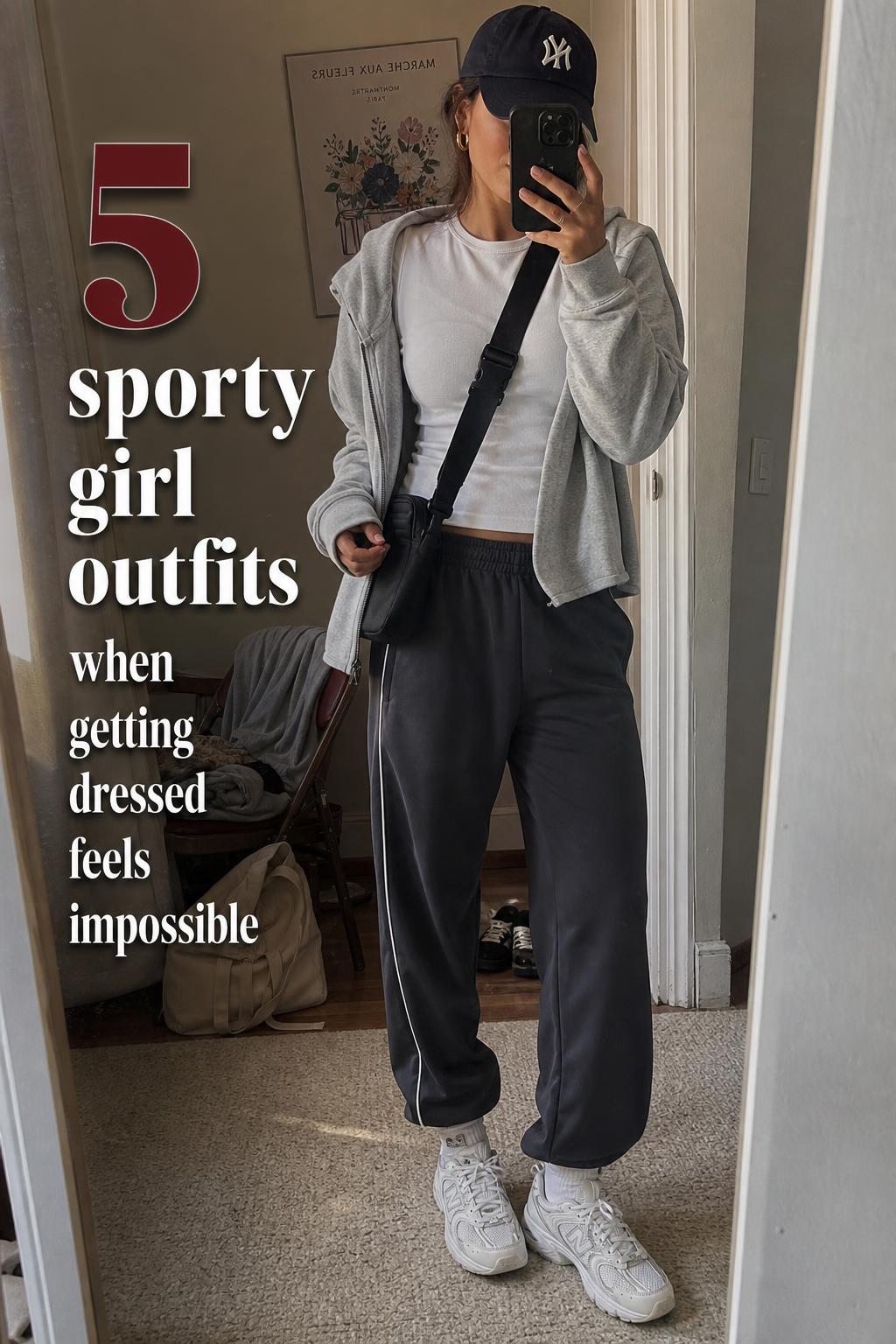Sporty girl outfits mirror selfie in a lived-in entryway with white tee, charcoal track pants, bomber hoodie and sneakers