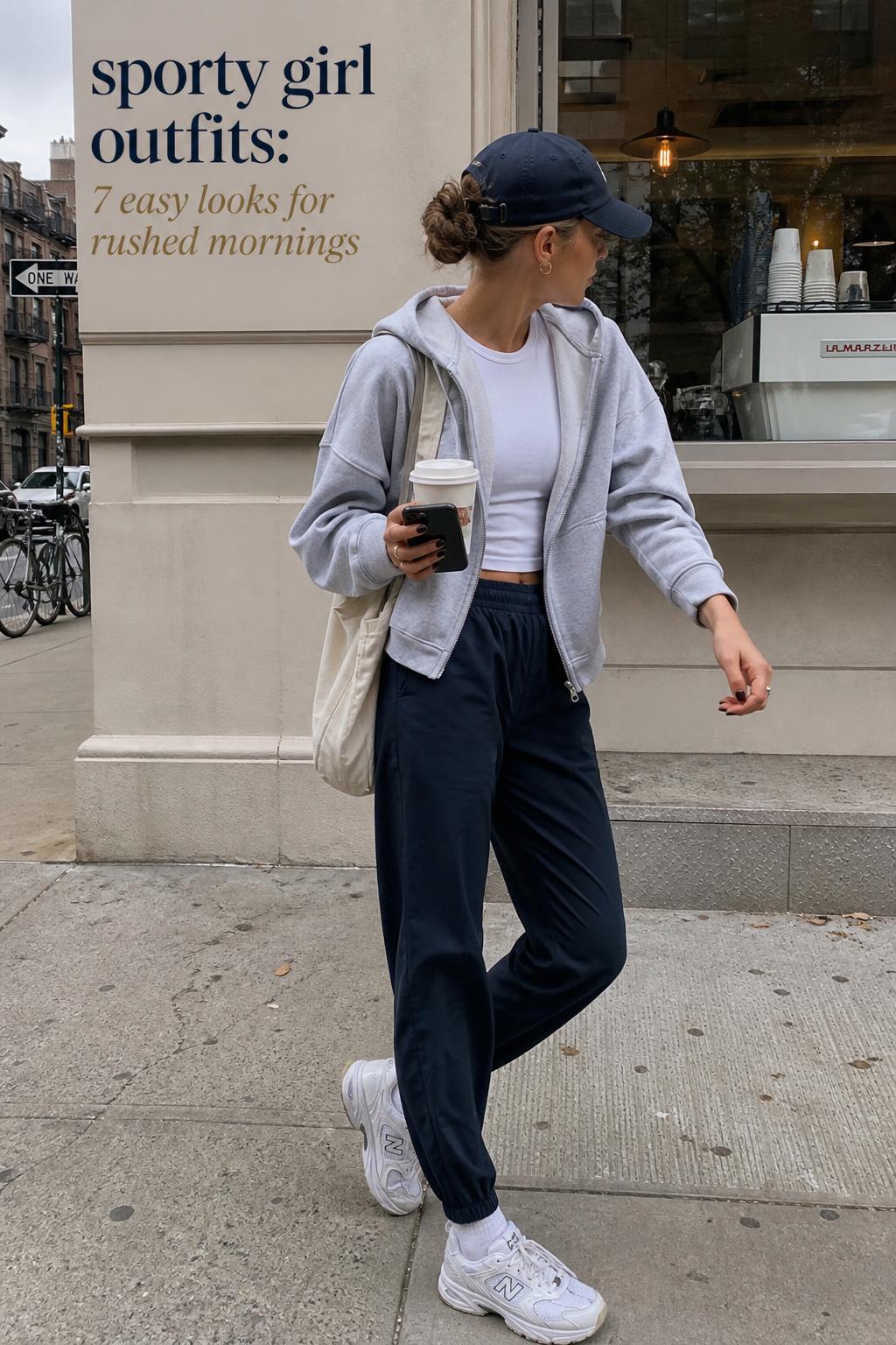 sporty girl outfits street style on city sidewalk with neutral athleisure layers, cap, crossbody bag, and takeaway coffee