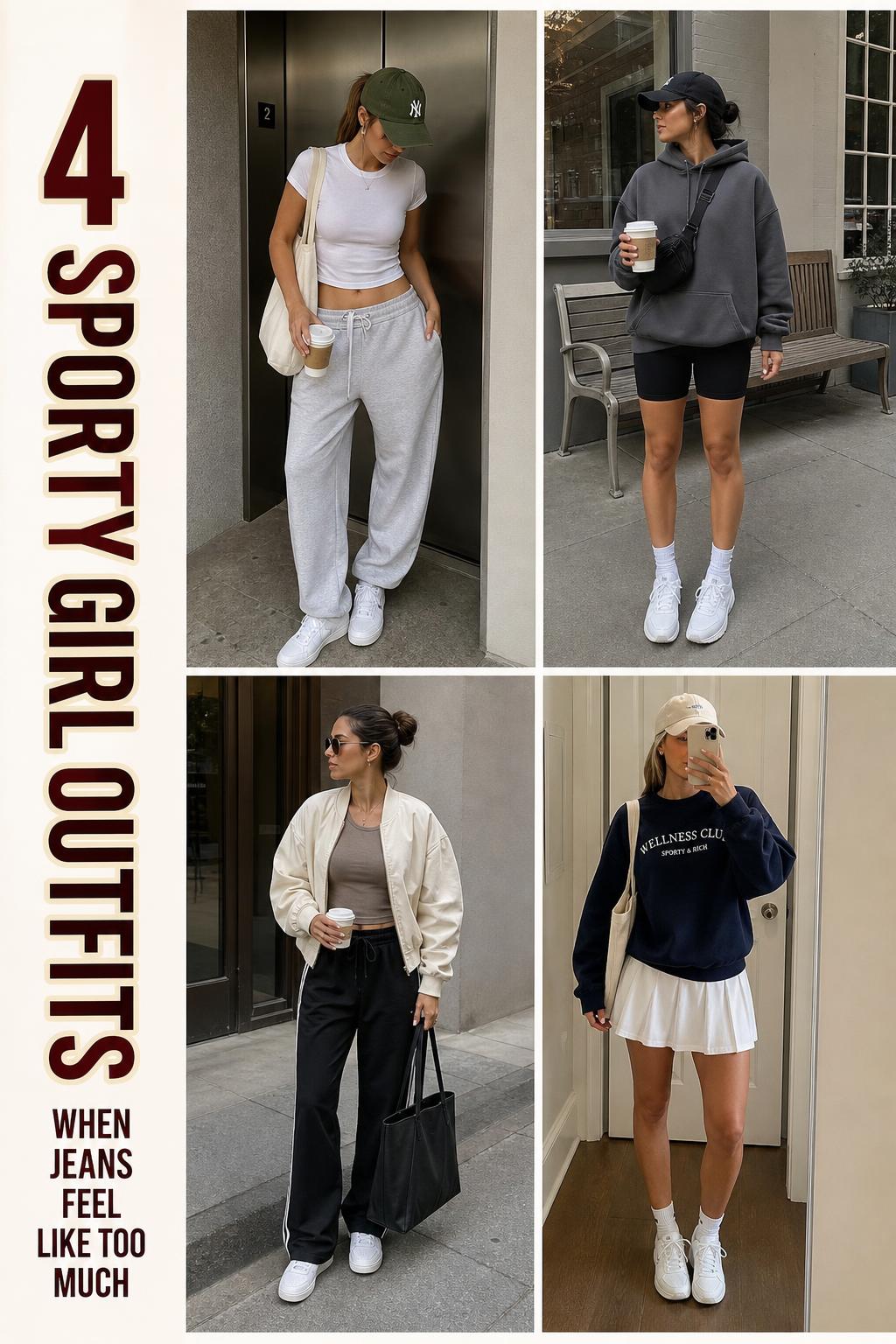 Pinterest outfit grid featuring four sporty girl outfits with neutral athleisure layers, white sneakers, and caps