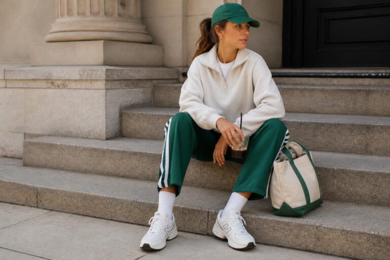 Sporty girl outfits with white tank, gray joggers, zip hoodie and white sneakers for effortless off-duty street style