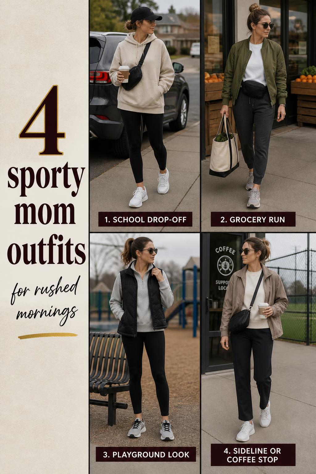 Sporty mom outfits outfit grid with 4 athleisure looks for school drop-off, grocery run, playground, and coffee stop
