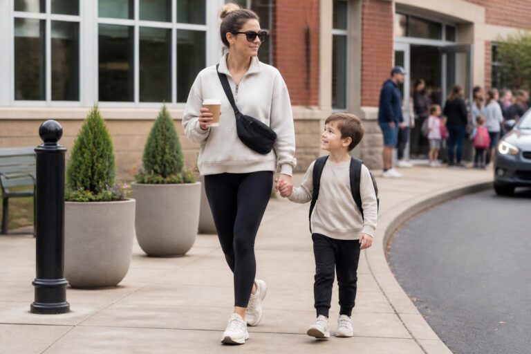 Sporty mom outfits with black leggings, oversized sweatshirt, sleek sneakers, and crossbody bag for school drop-off