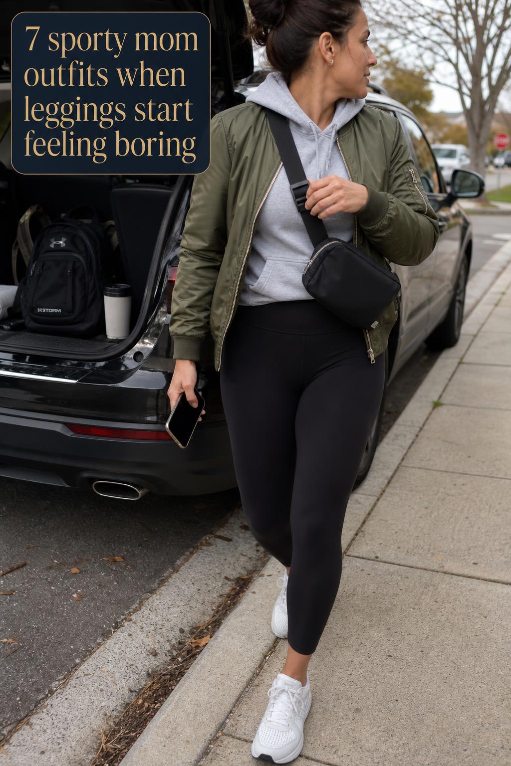 Sporty mom outfits with leggings: woman in gray hoodie and olive bomber adjusting crossbody bag by SUV on sidewalk
