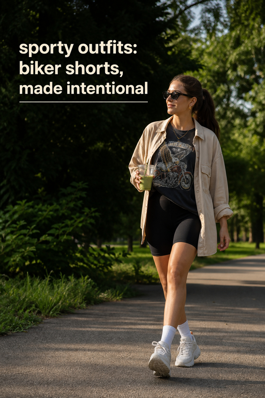 sporty outfits with black biker shorts and oversized shirt for walking