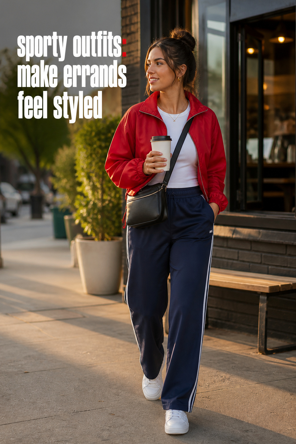 sporty outfits with navy track pants and red windbreaker for coffee errands