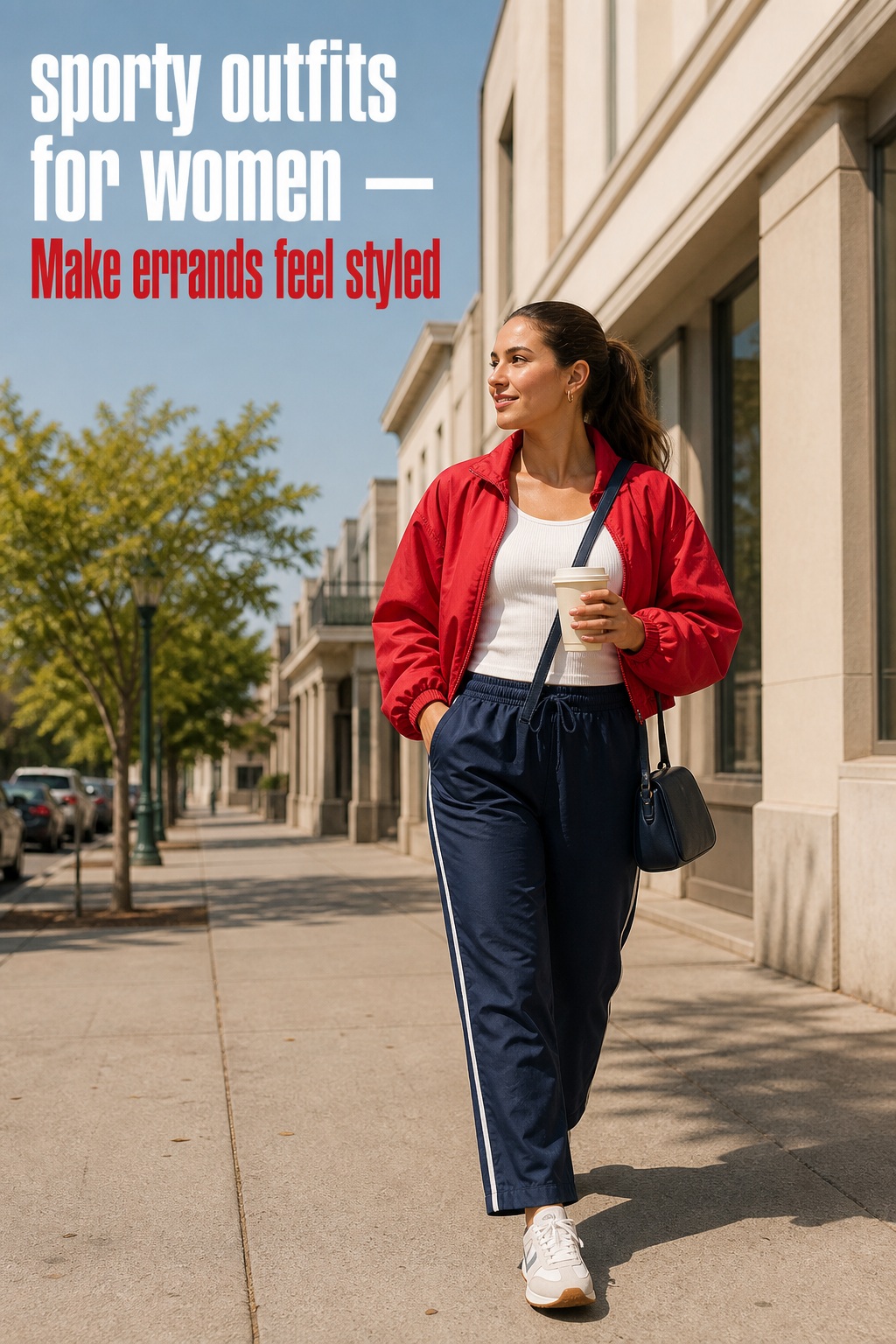 Sporty outfits for women with navy track pants and a red windbreaker for errands