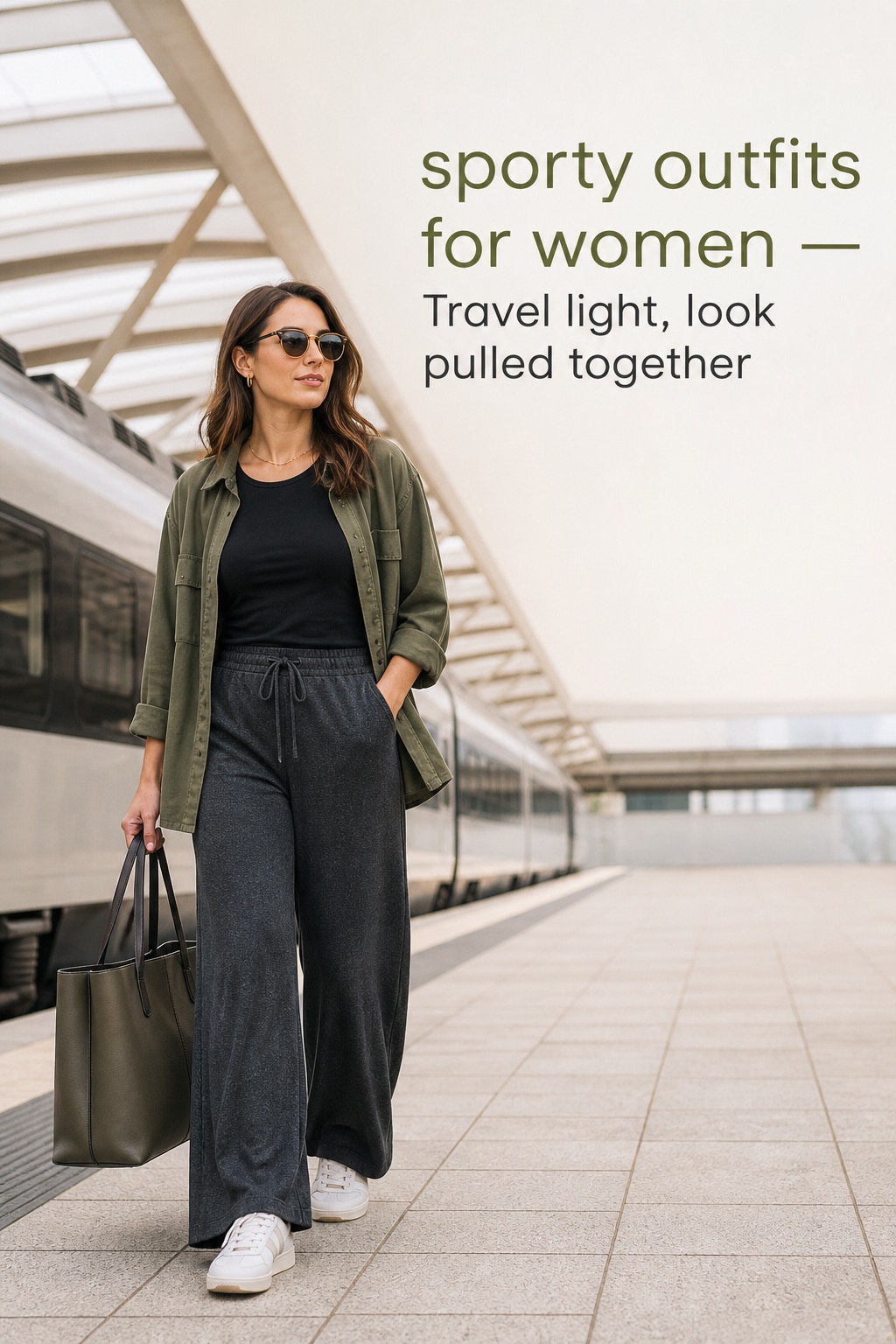 Sporty outfits for women with wide jersey pants and an olive overshirt for travel