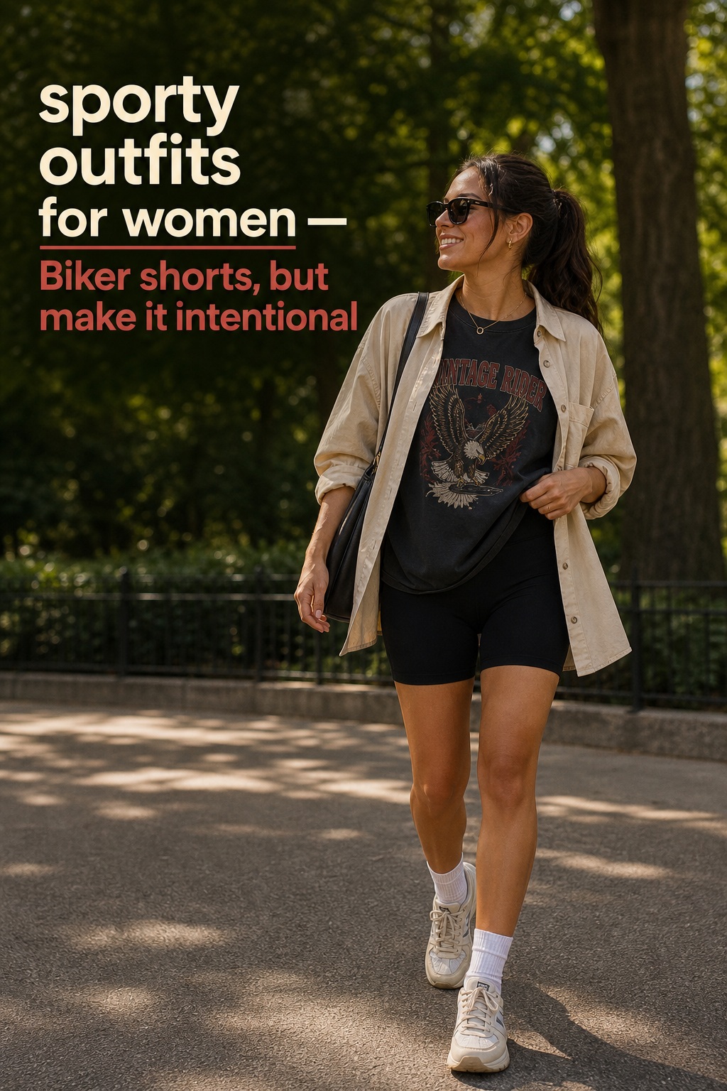 Sporty outfits for women with biker shorts and an oversized button-down for walks
