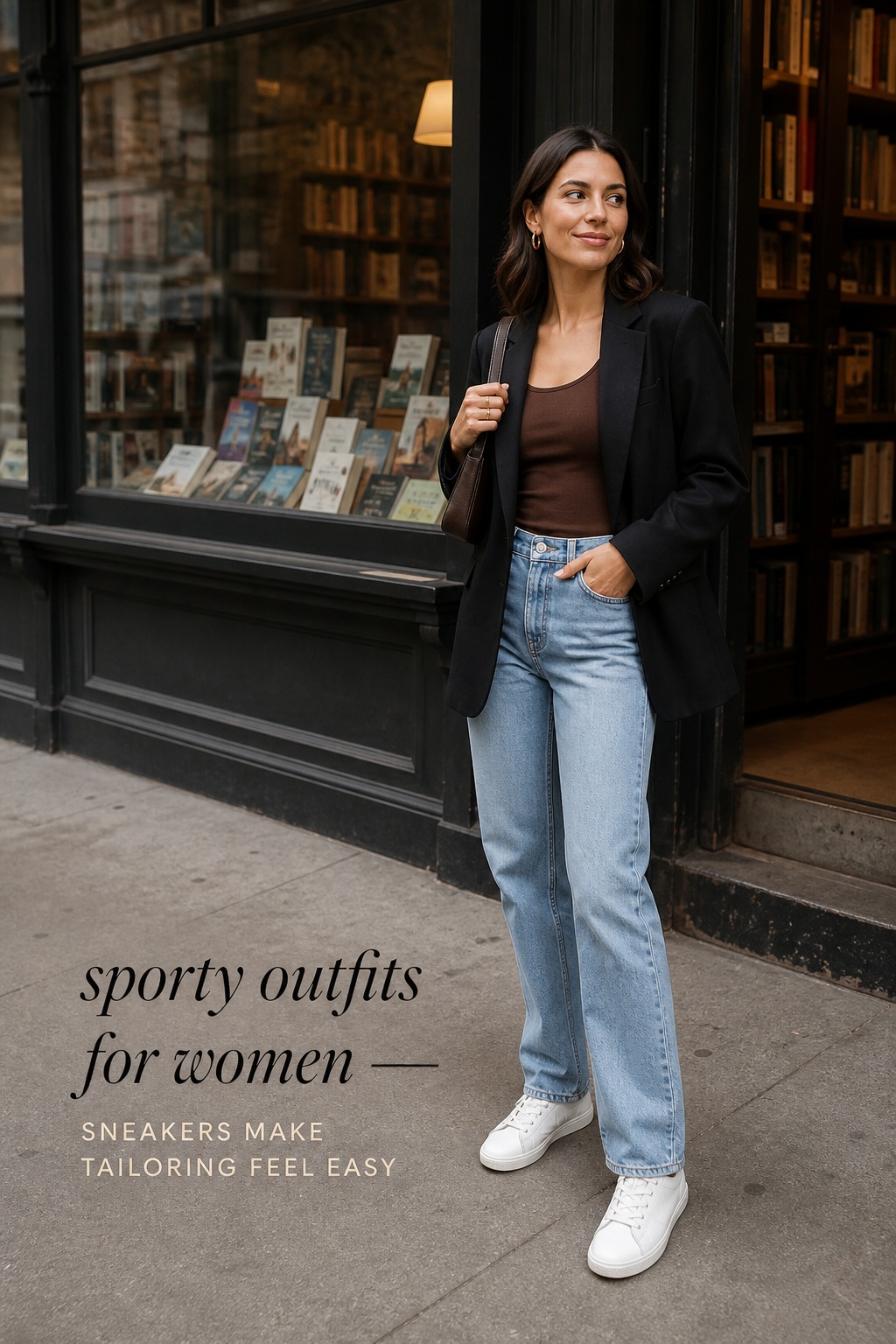 Sporty outfits for women with a blazer, jeans, brown tank, and white sneakers