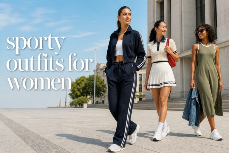 Sporty outfits for women in track pants, a tennis skirt, and a sneaker-styled midi dress